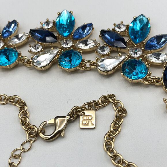 Banana Republic Necklace Camille 19" Blue Aqua Glass Crystal Faceted Flower Bib - Picture 6 of 8